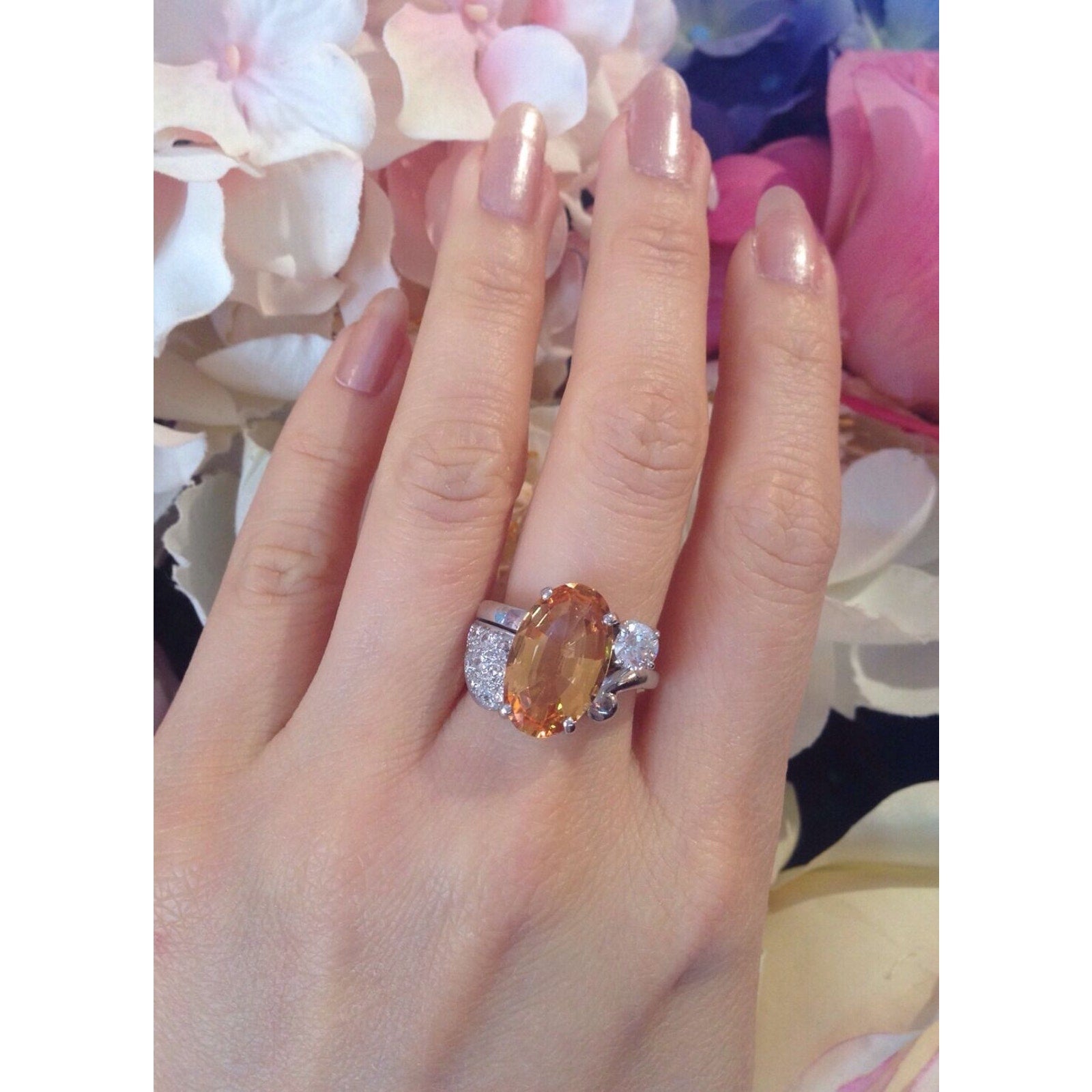 GIA certified 6.78 ct Yellow-Orange Topaz and Diamond Ring in Platinum