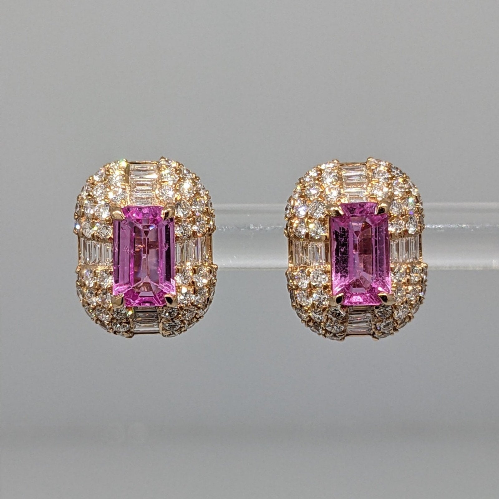 Natural Pink Sapphire & Diamond Earrings in 14k Rose & Yellow Gold
