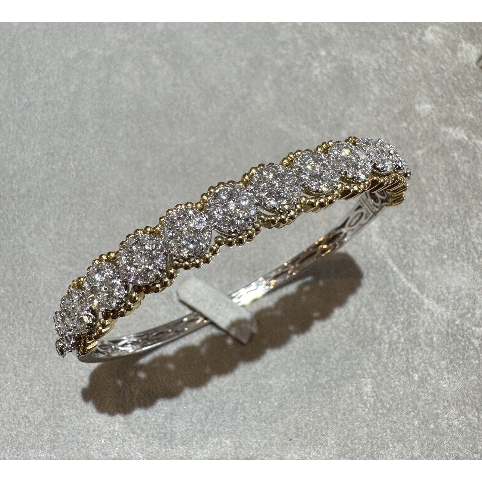 Natural Diamond Pave Bangle Bracelet in 18k White and Yellow Gold