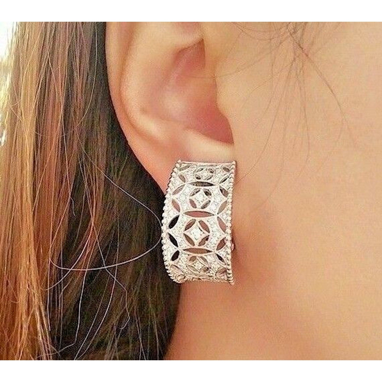 Wide Diamond Openwork Hoop Earrings in Platinum/14k Gold