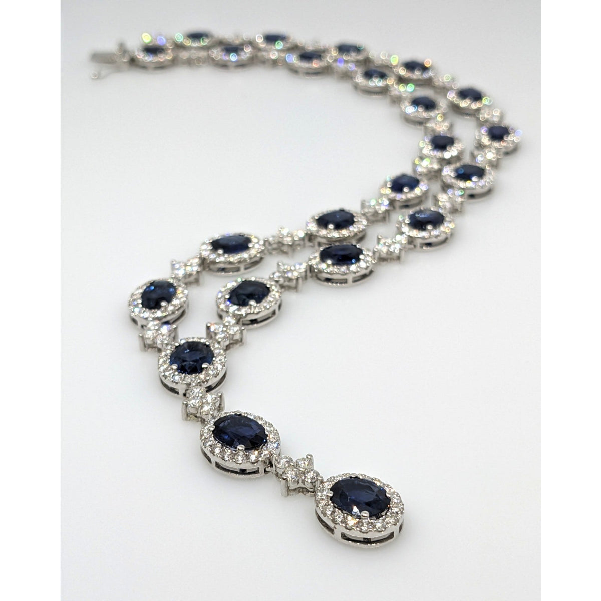 Natural Sapphire & Diamond Y-Drop Necklace in 18k White Gold