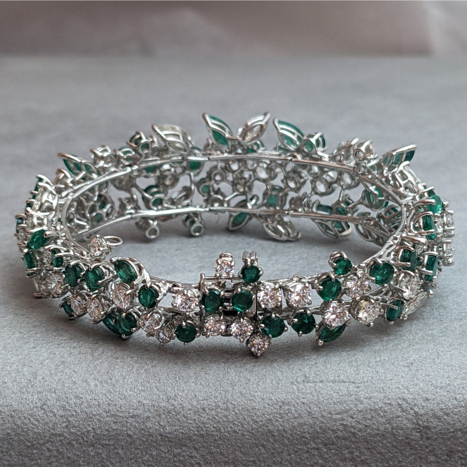 Round and Marquise Diamond and Emerald Cluster Bracelet in Platinum & 14k
