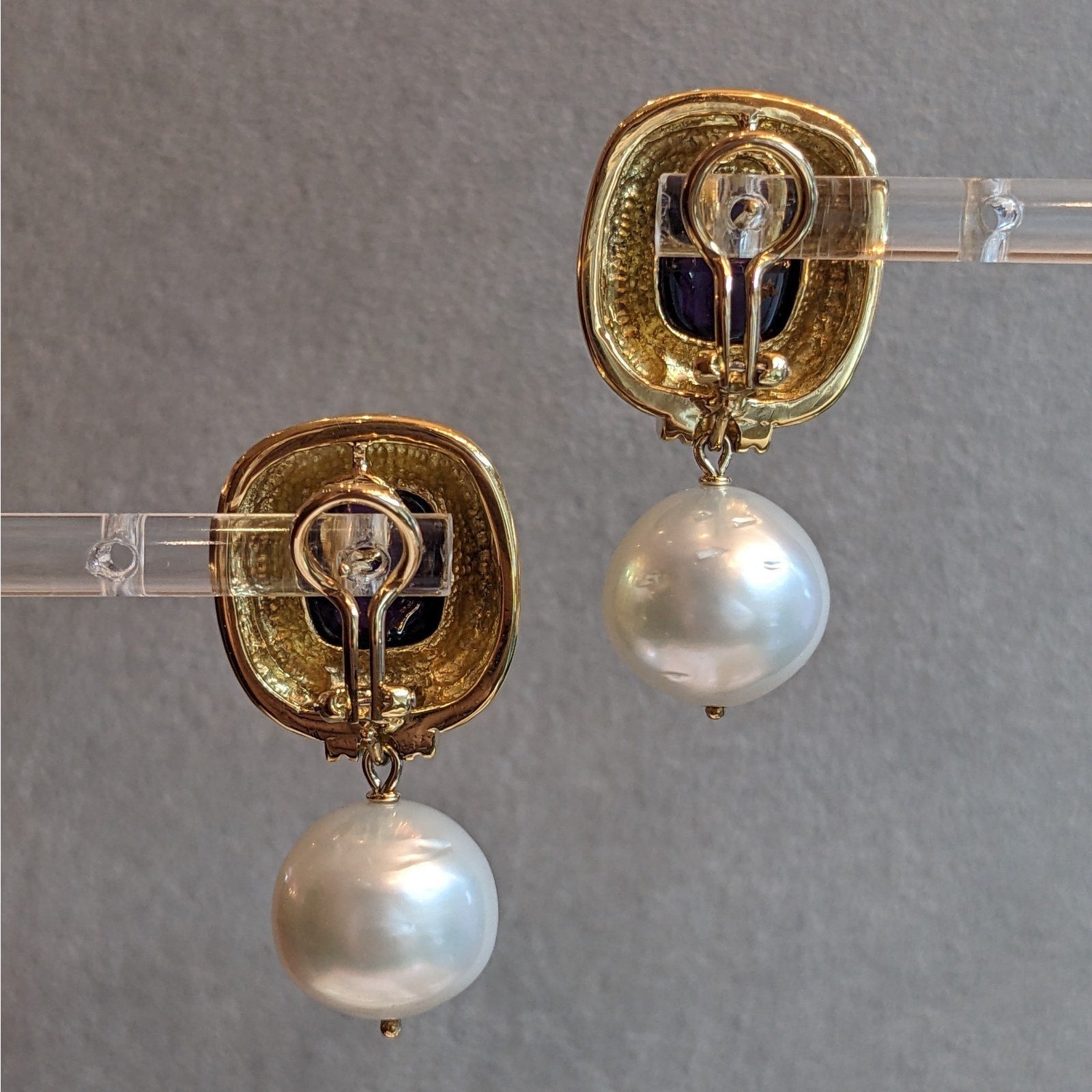 Amethyst and Pearl Dangle Drop Earrings in 18k Yellow Gold