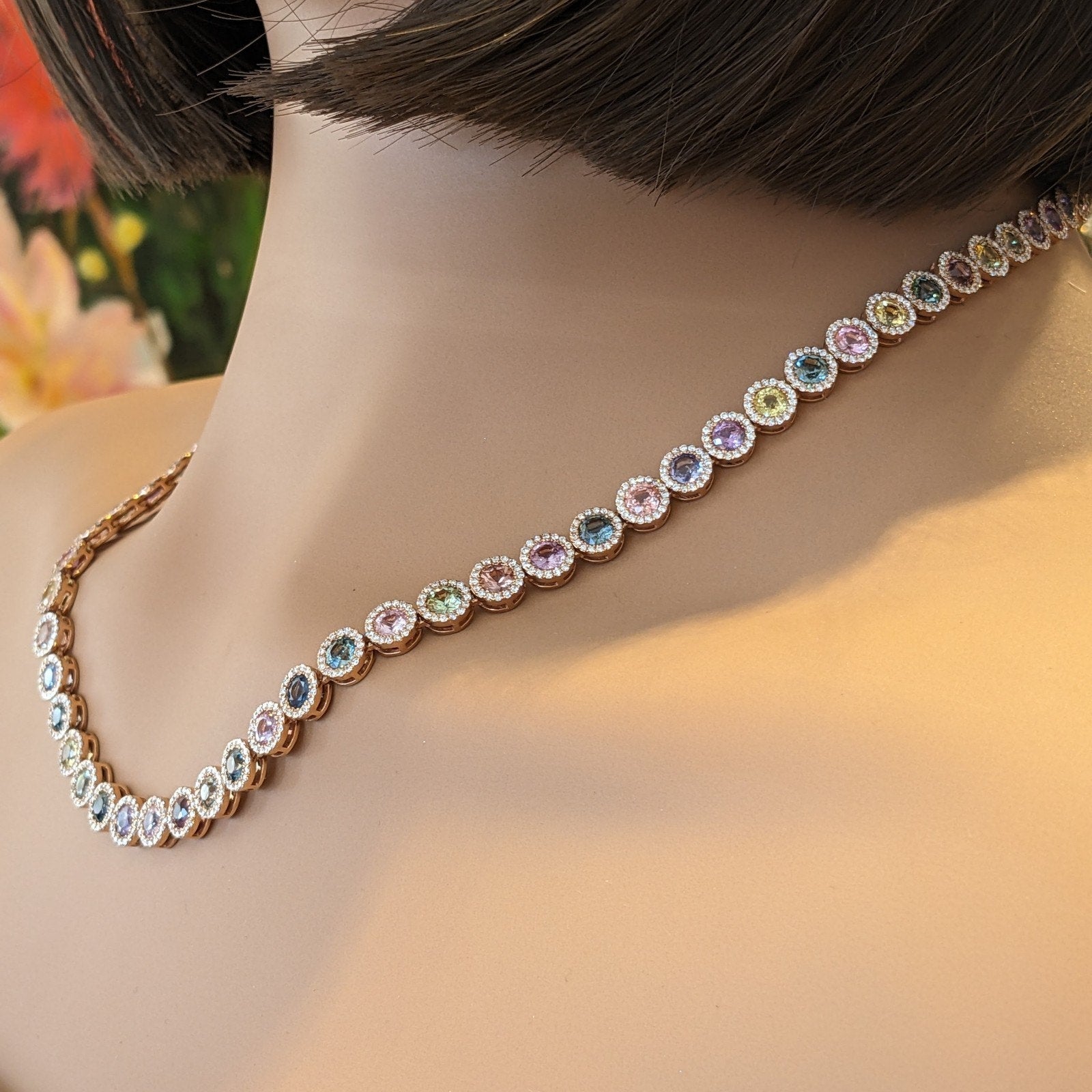 Multicolor Sapphire and Diamond Choker Necklace in 14k Rose Gold