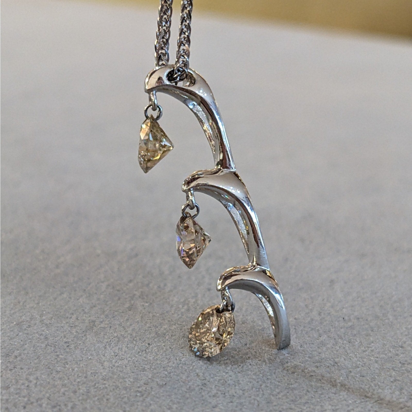 Three Champagne Diamond Drop Pendant Necklace in 18k White Gold