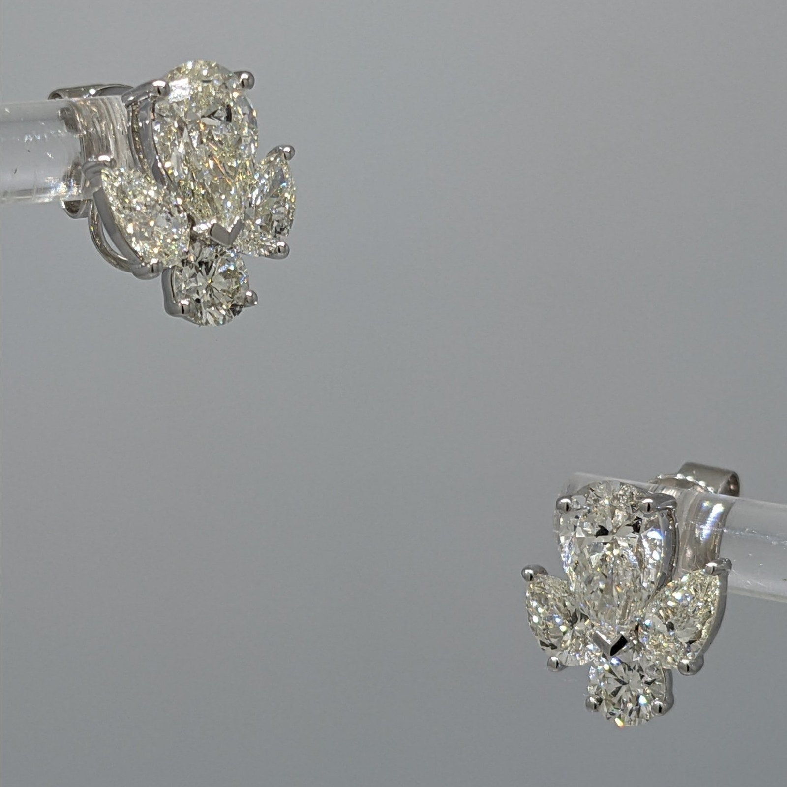 GIA Round & Pear Diamond Cluster Earrings 3.83 ctw in 18k White Gold