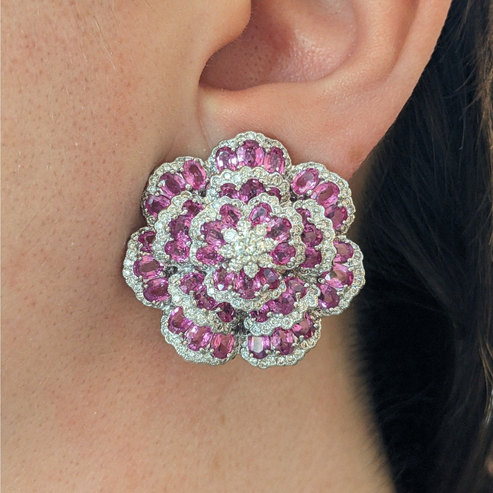 Pink Sapphire and Diamond Tiered Flower Earrings in 18k White Gold