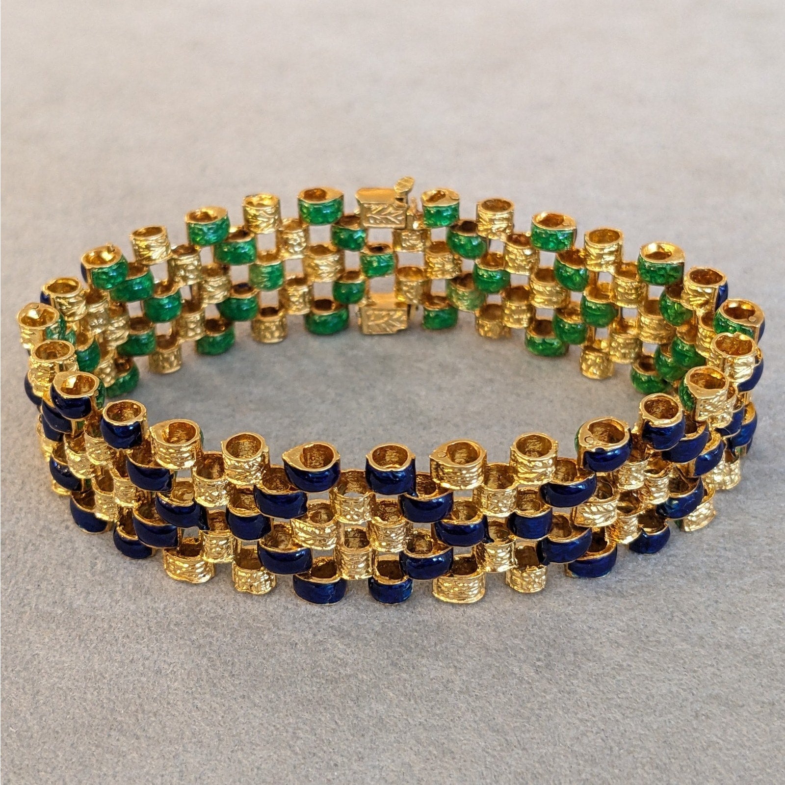 Vintage Blue Green Enamel Link Reversible Bracelet in 18k Yellow Gold