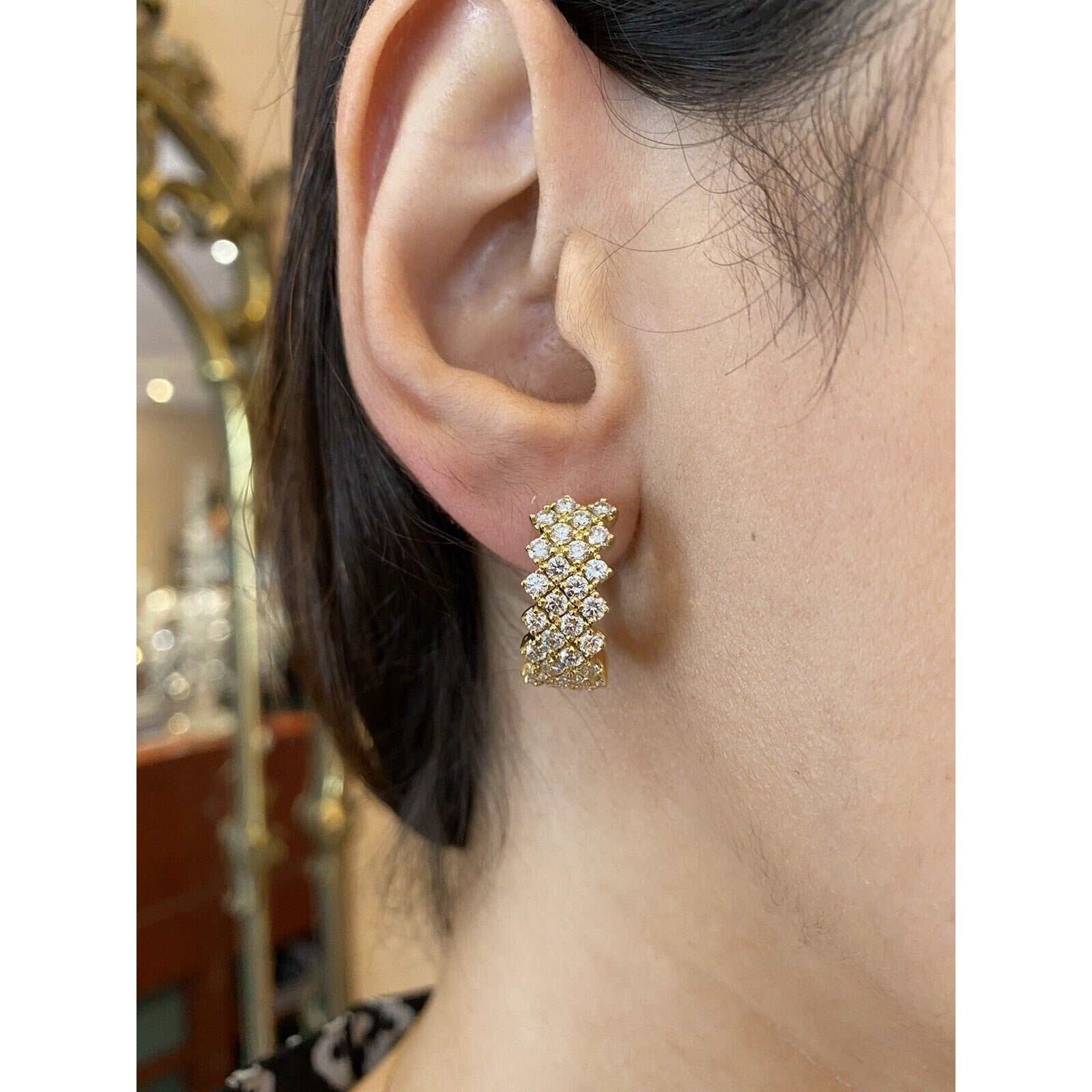 Four Row Half Hoop Diamond Earrings 3.60 cttw in 18k Yellow Gold