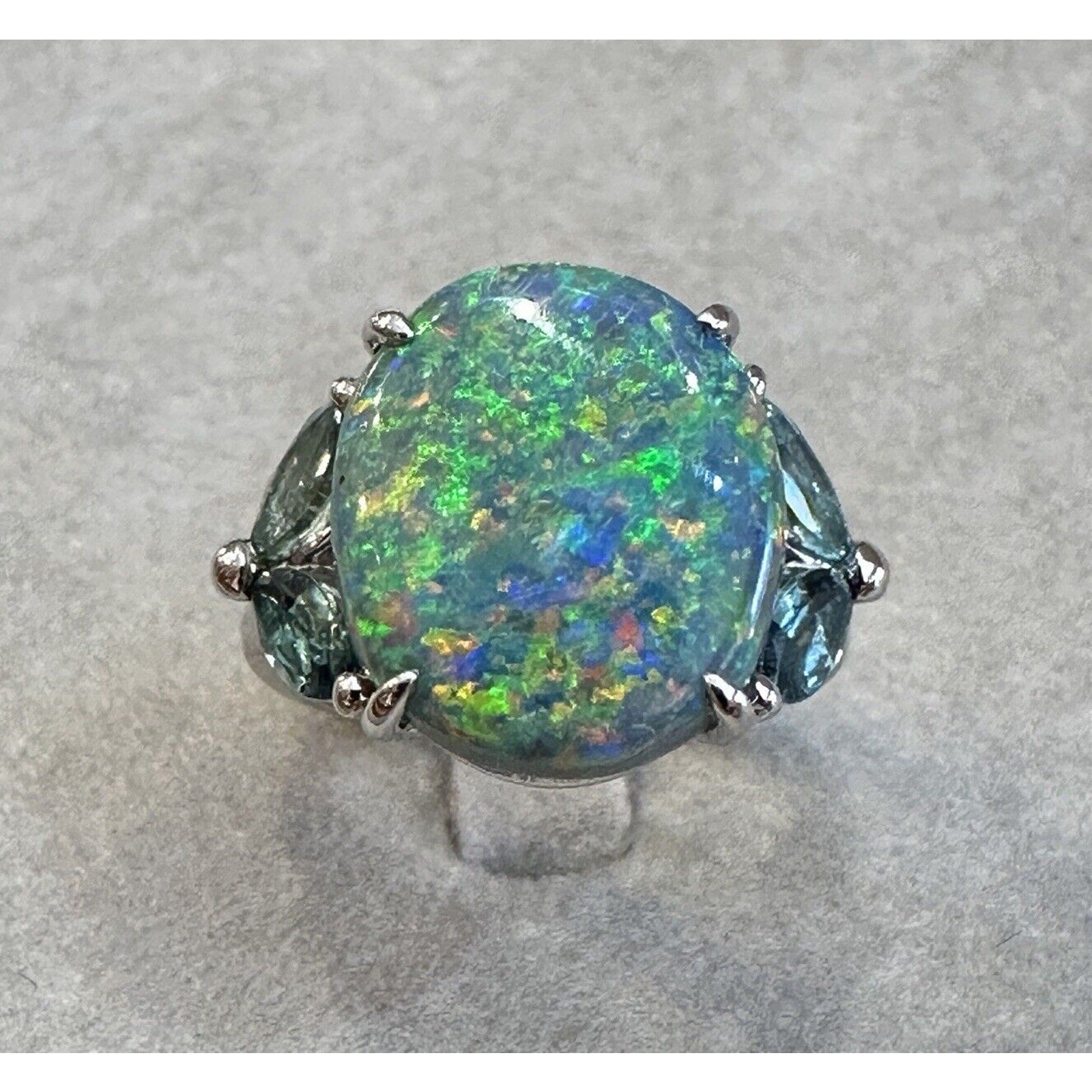 GIA 6.55 ct Black Opal & Aquamarine Ring in Platinum