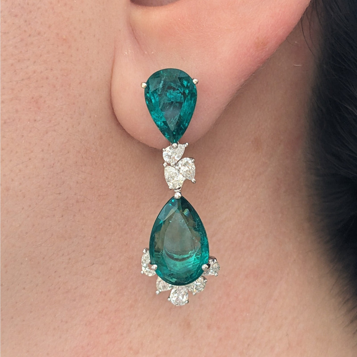 AGL Pear Emerald & Diamond Necklace Earrings Set in 18k White Gold