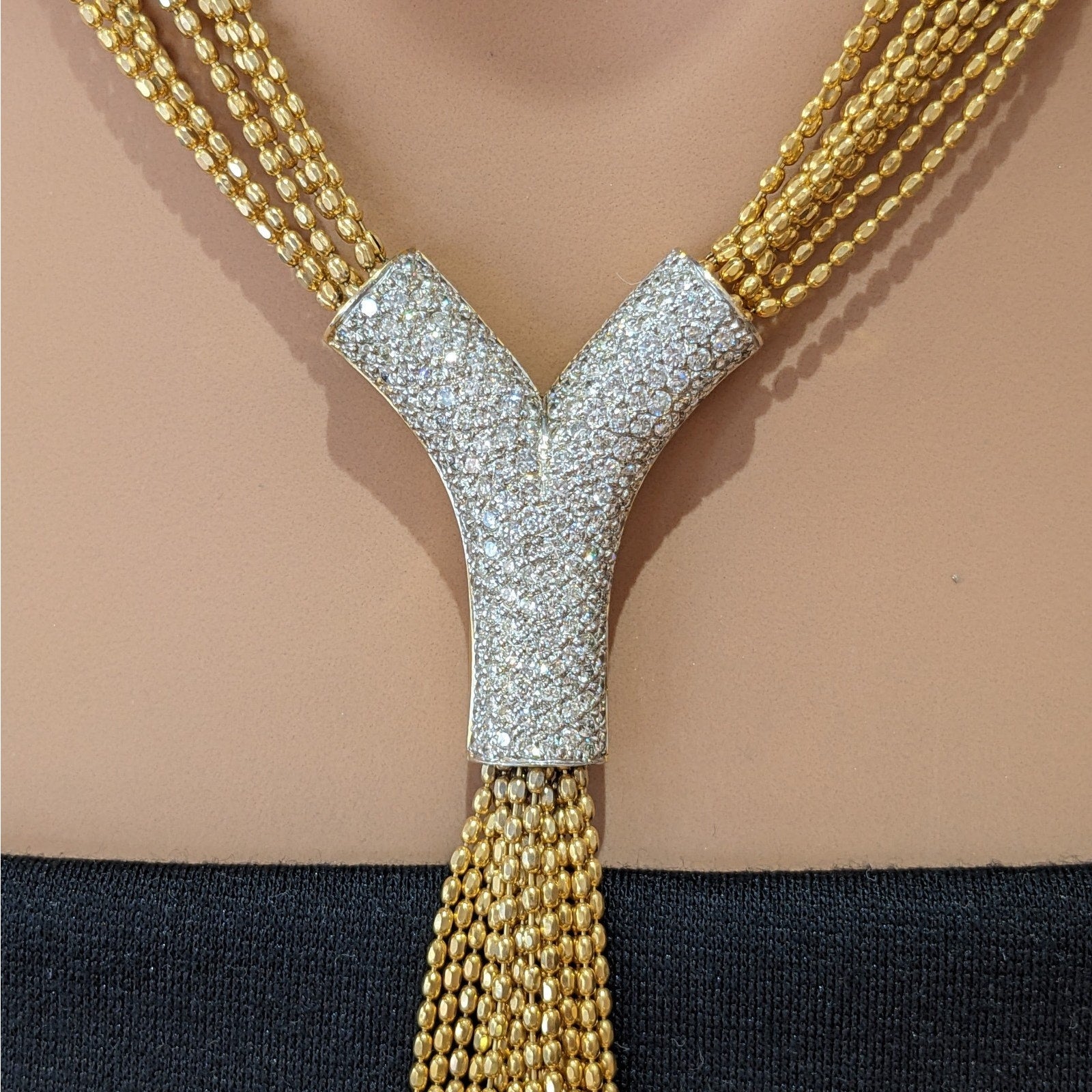 Multistrand Pave Diamond Y Drop Tassel Necklace in 18k Yellow Gold