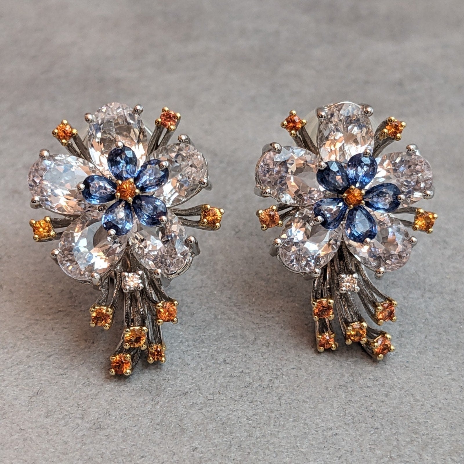 Flower Earrings with Sapphires and Gemstones in 18k White Gold