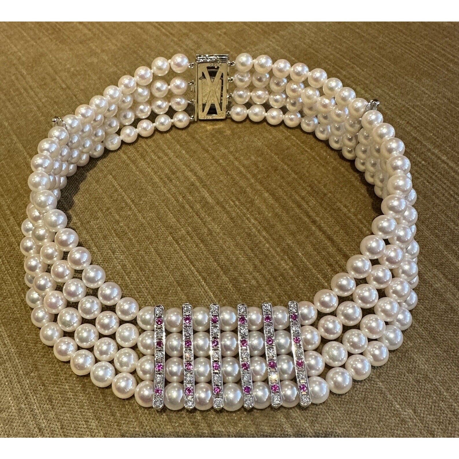 4 Row Pearl Choker Necklace with Rubies & Diamonds in Platinum