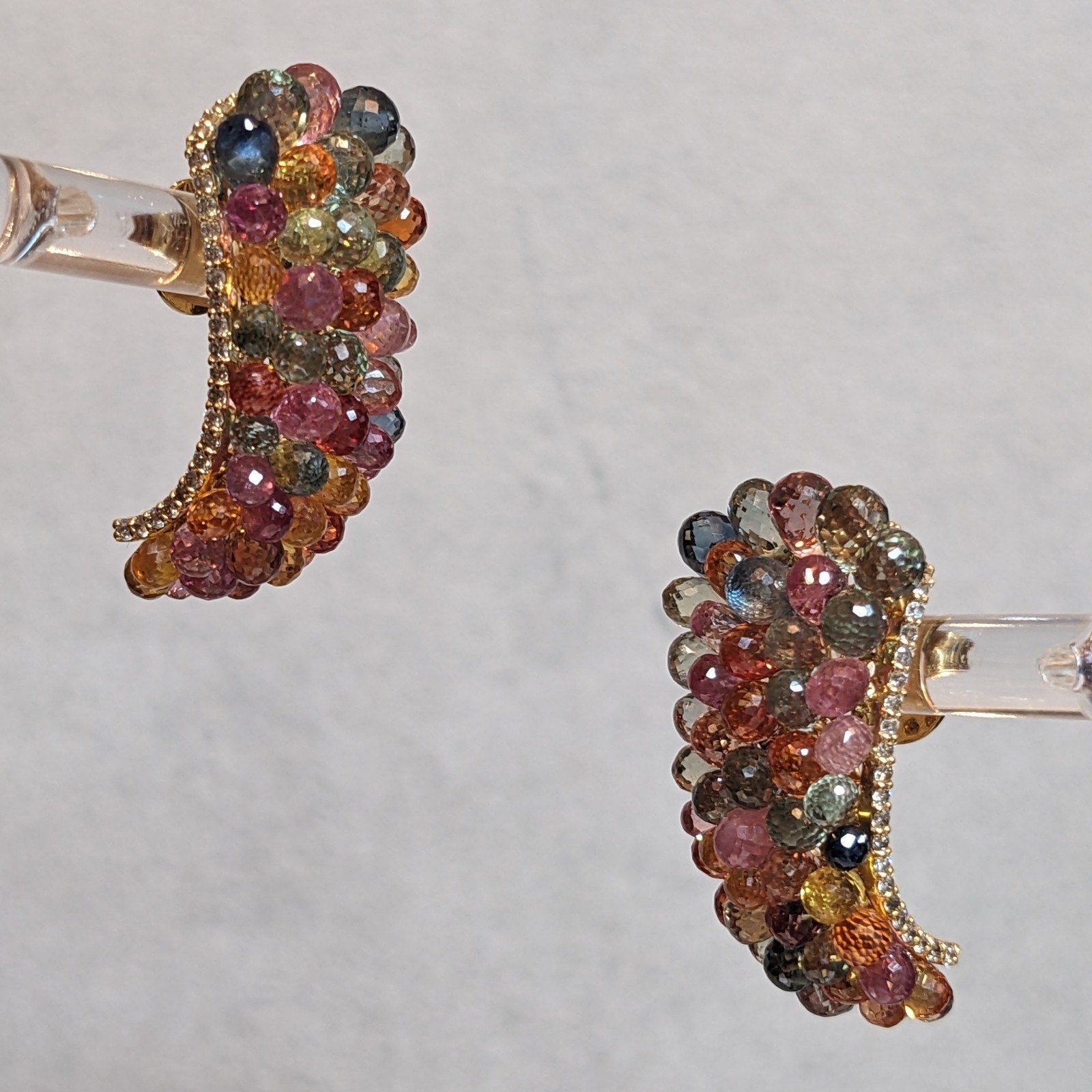 Multicolor Sapphire Briolette and Diamond Earrings in 18k Yellow Gold