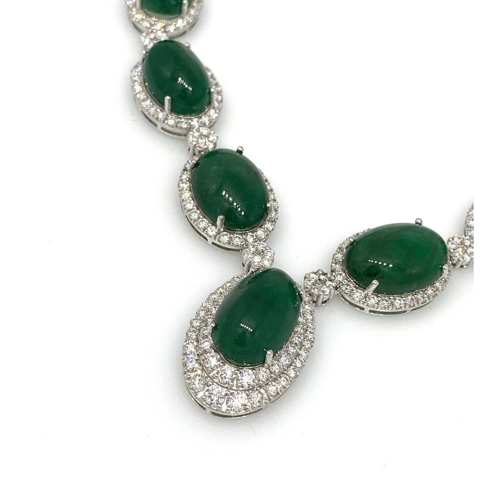 GIA Cabochon Emerald and Diamond Necklace in 18k White Gold