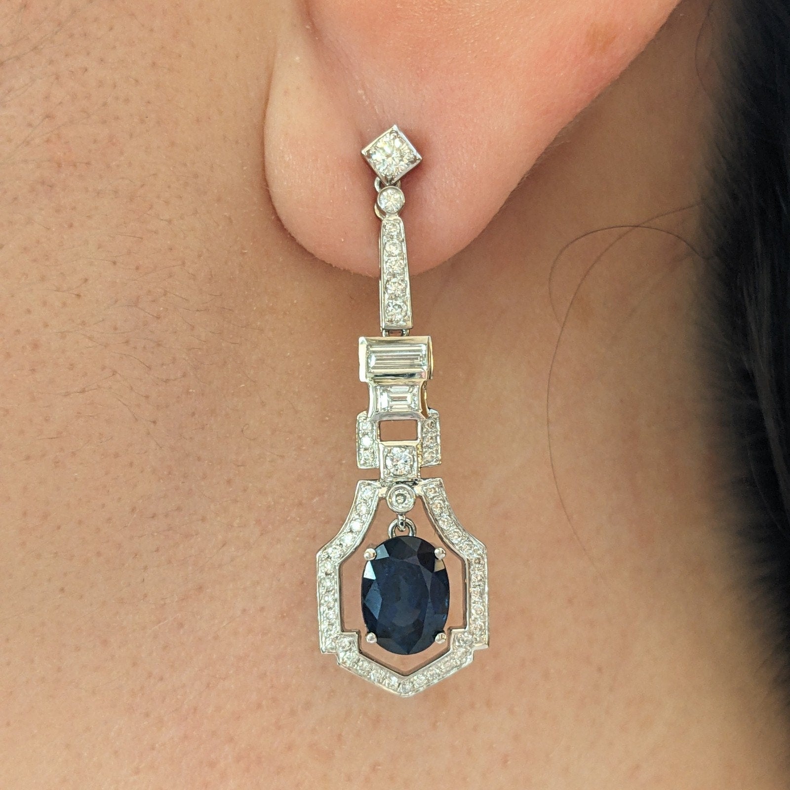 Sapphire and Diamond Dangle Earrings in Platinum & 14k White Gold