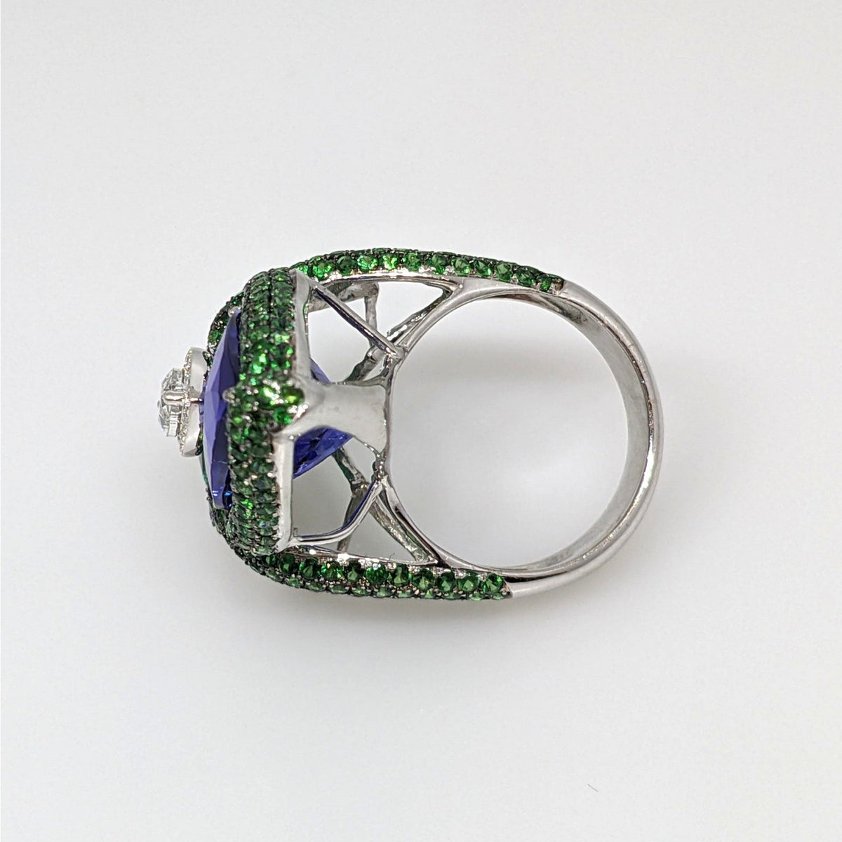GIA Natural Emerald and Tanzanite and Diamond Ring in 18k White Gold