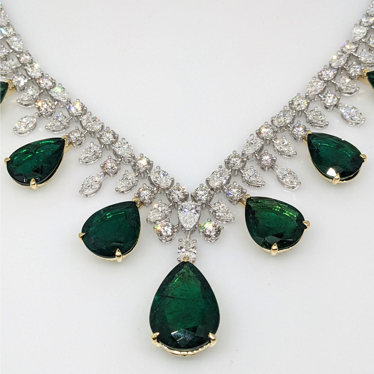AGL Emerald & Diamond Fringe Bib Statement Necklace in 18k White Gold