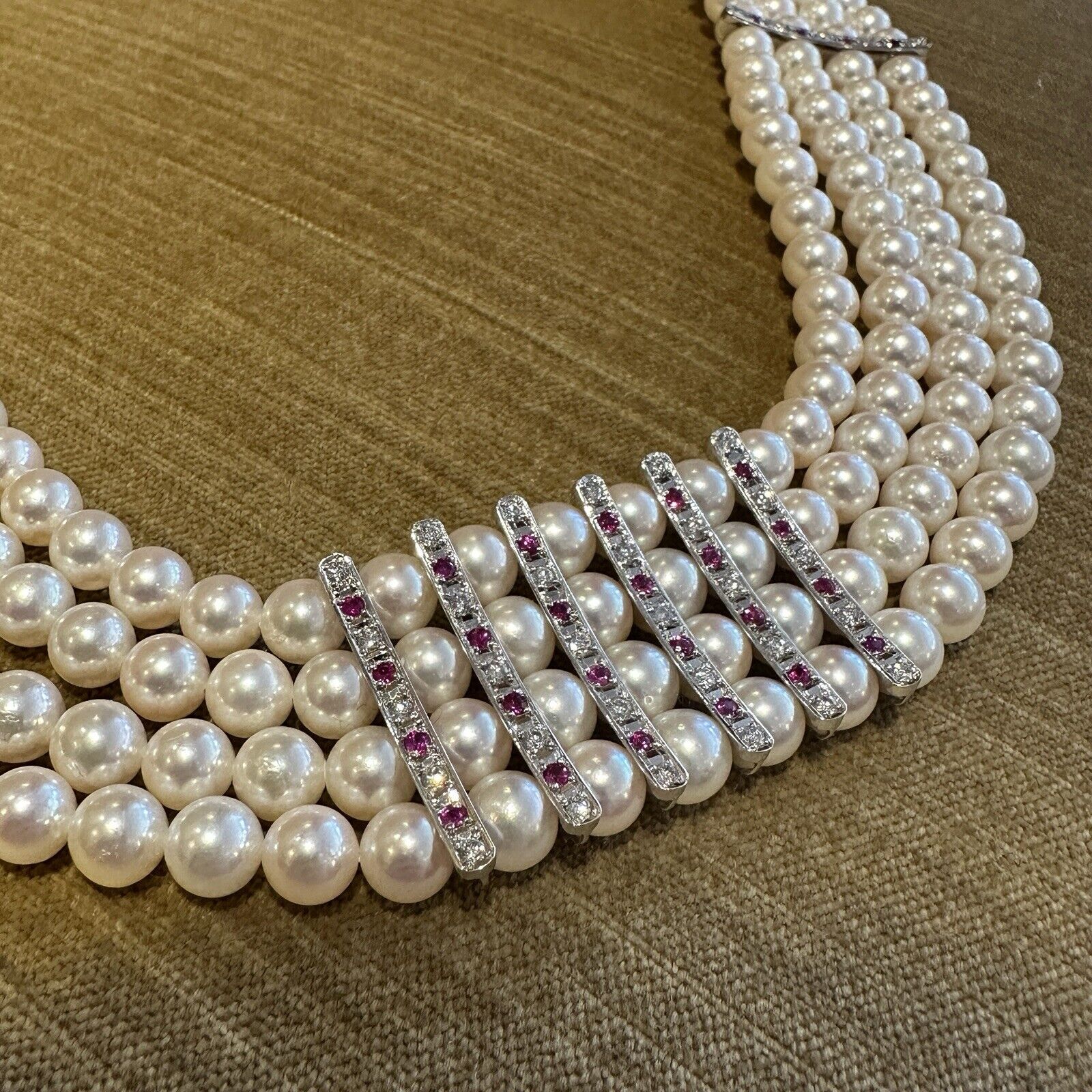 4 Row Pearl Choker Necklace with Rubies & Diamonds in Platinum
