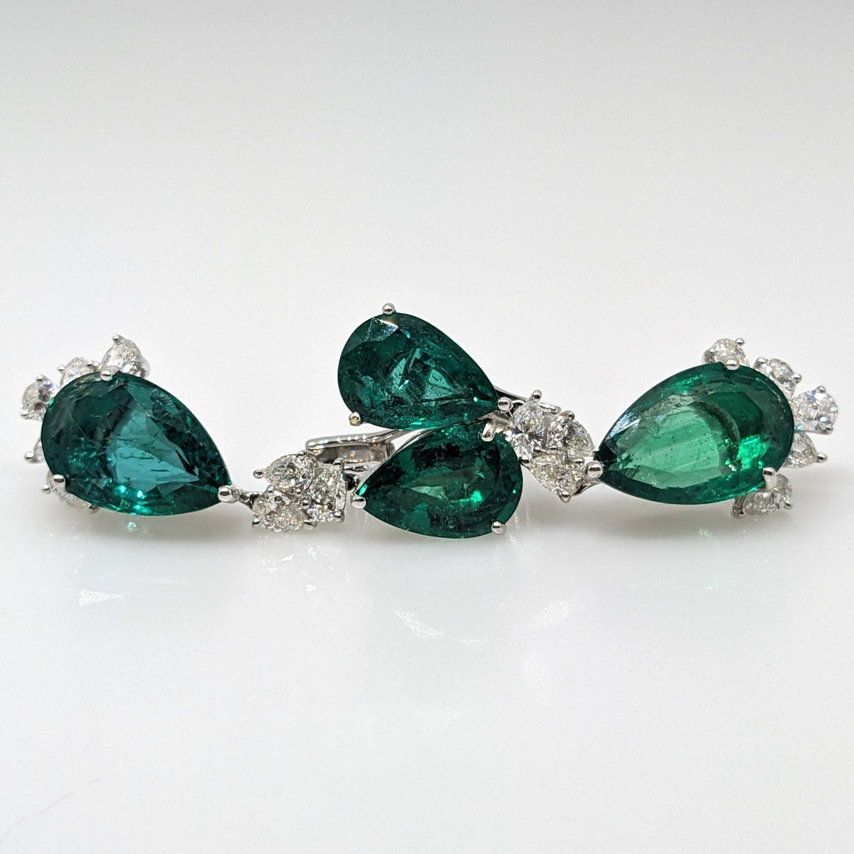 AGL Pear Emerald & Diamond Necklace Earrings Set in 18k White Gold