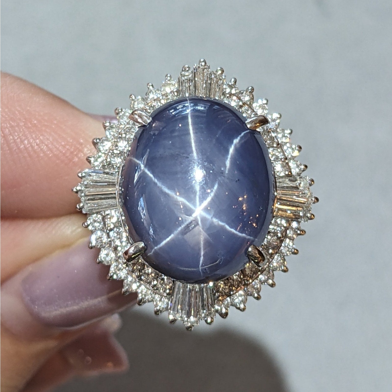 Large 31.52 ct Blue Star Sapphire in Platinum Diamond Ballerina Setting
