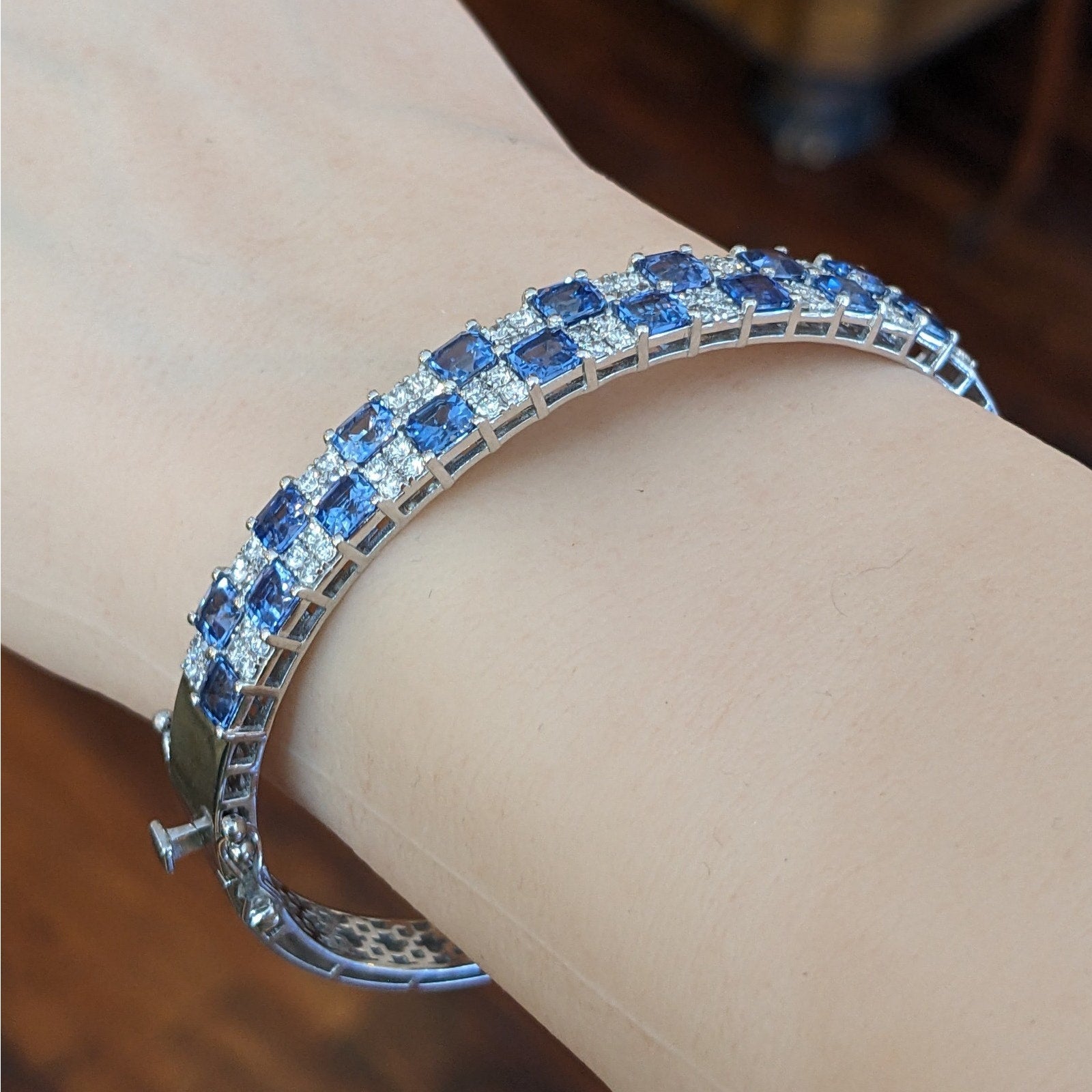 Natural Sapphire and Diamond Bangle Bracelet in 14k White Gold