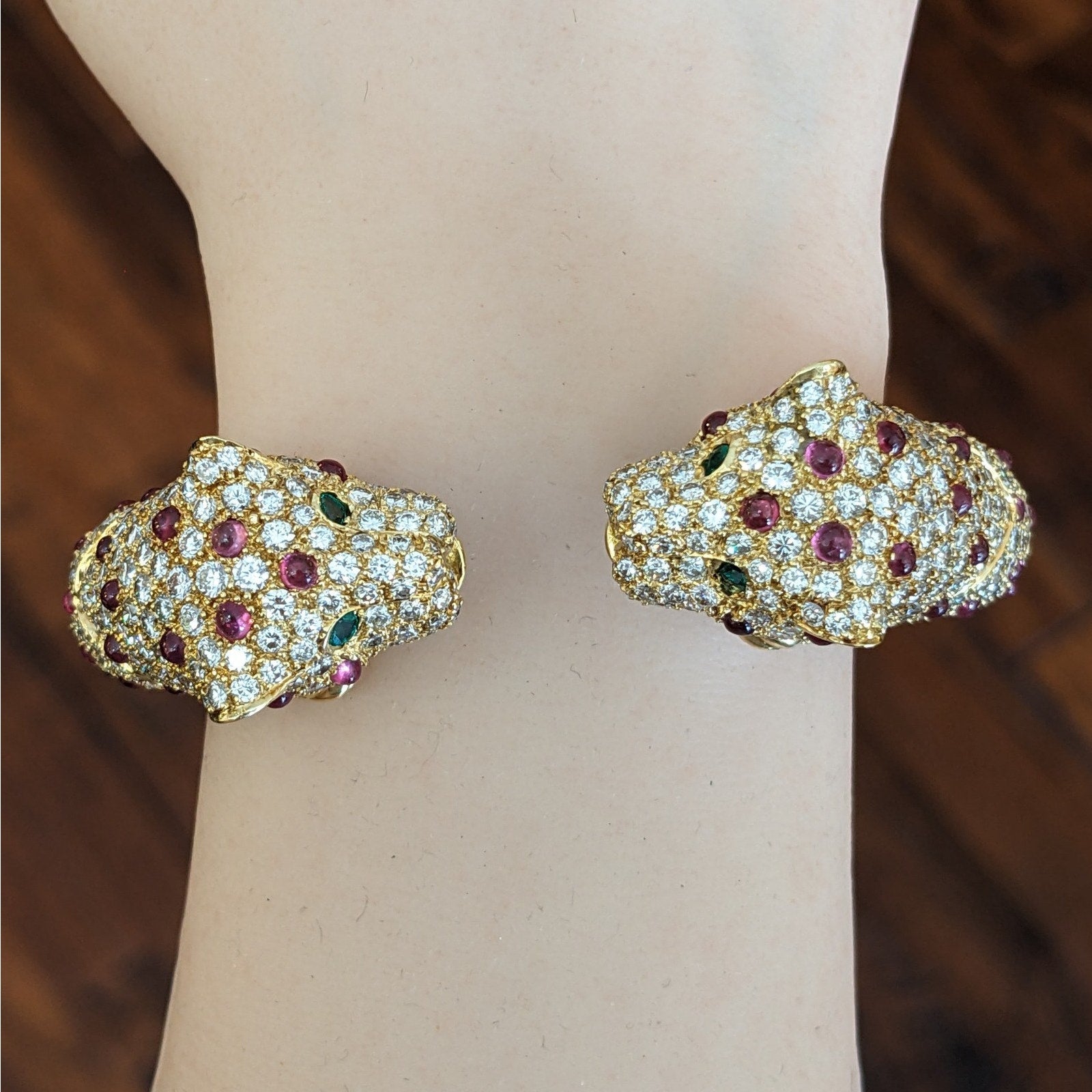 Ruby and Diamond Pave Panther Head Bangle Bracelet in 18k Yellow Gold