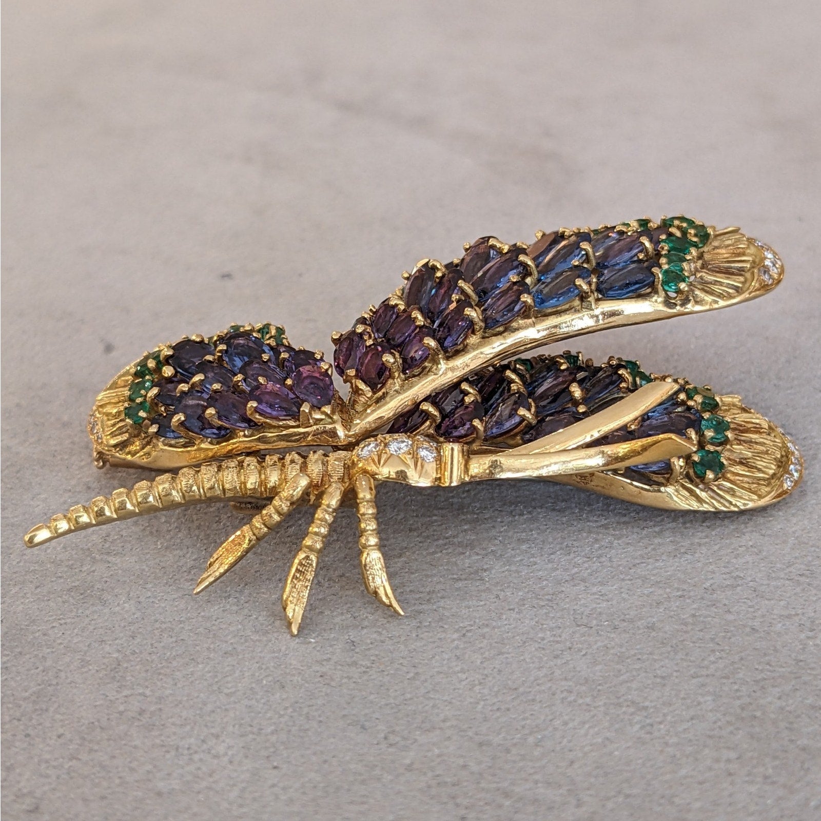 Large Sapphire, Emerald, and Diamond Butterfly Pin in 18k Yellow Gold