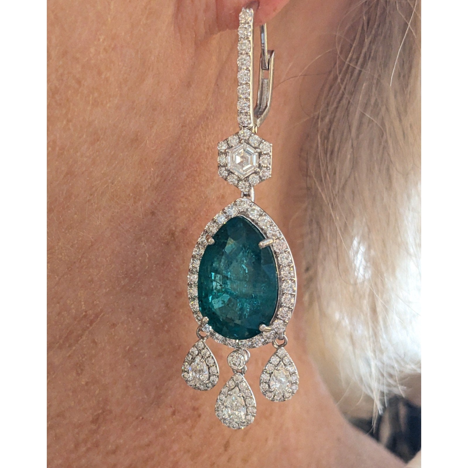 Large Pear Emerald Drop Earrings with Diamonds in 18k White Gold