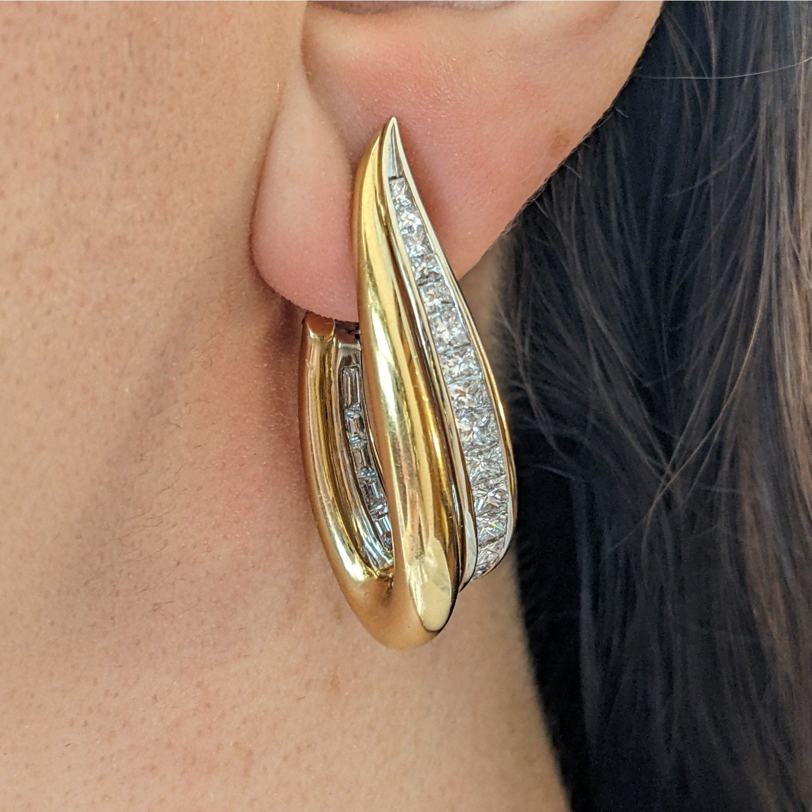 Princess and Baguette Diamond Hoop Earrings in 18k White/Yellow Gold