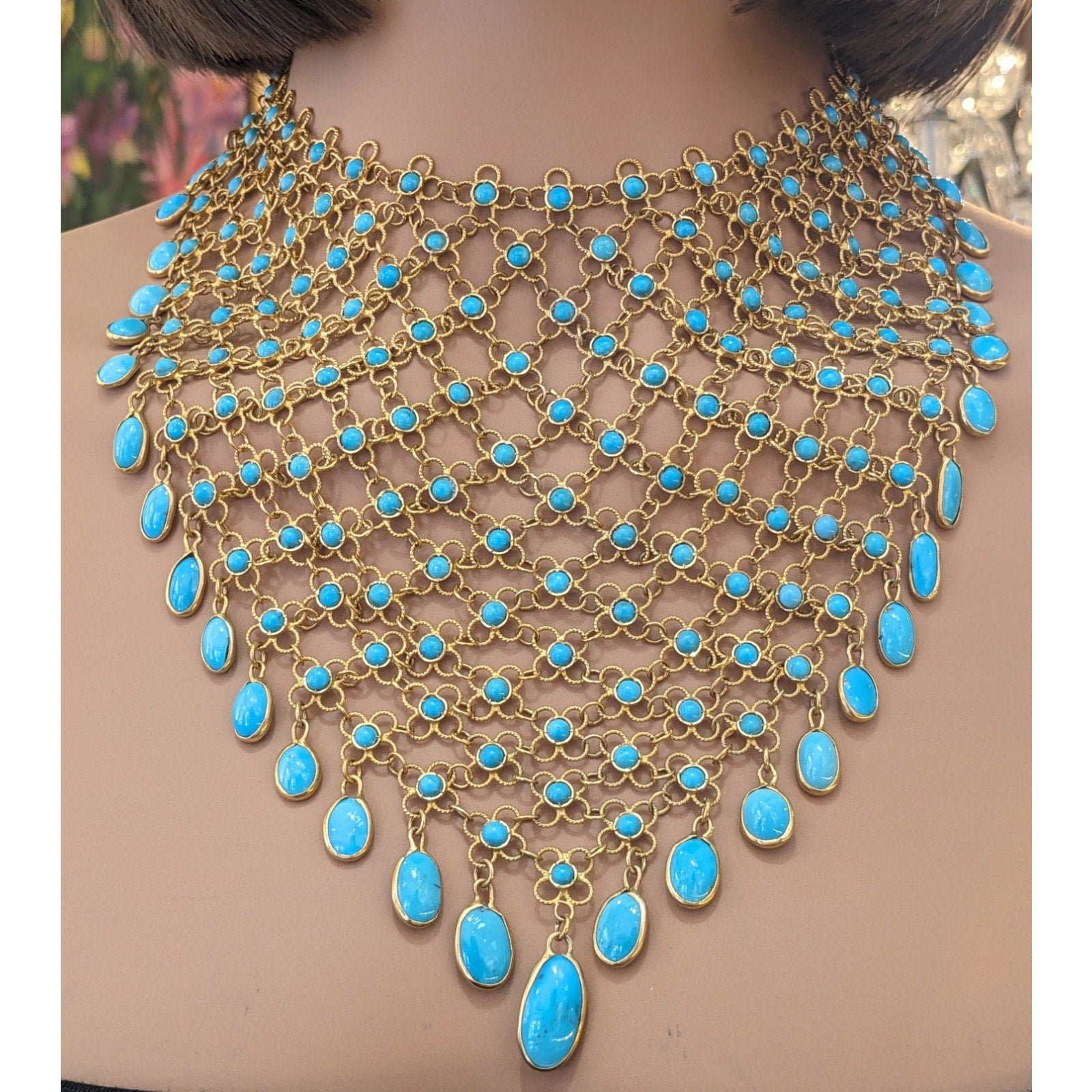Estate Turquoise Cabochon Bib Necklace in 18k Yellow Gold