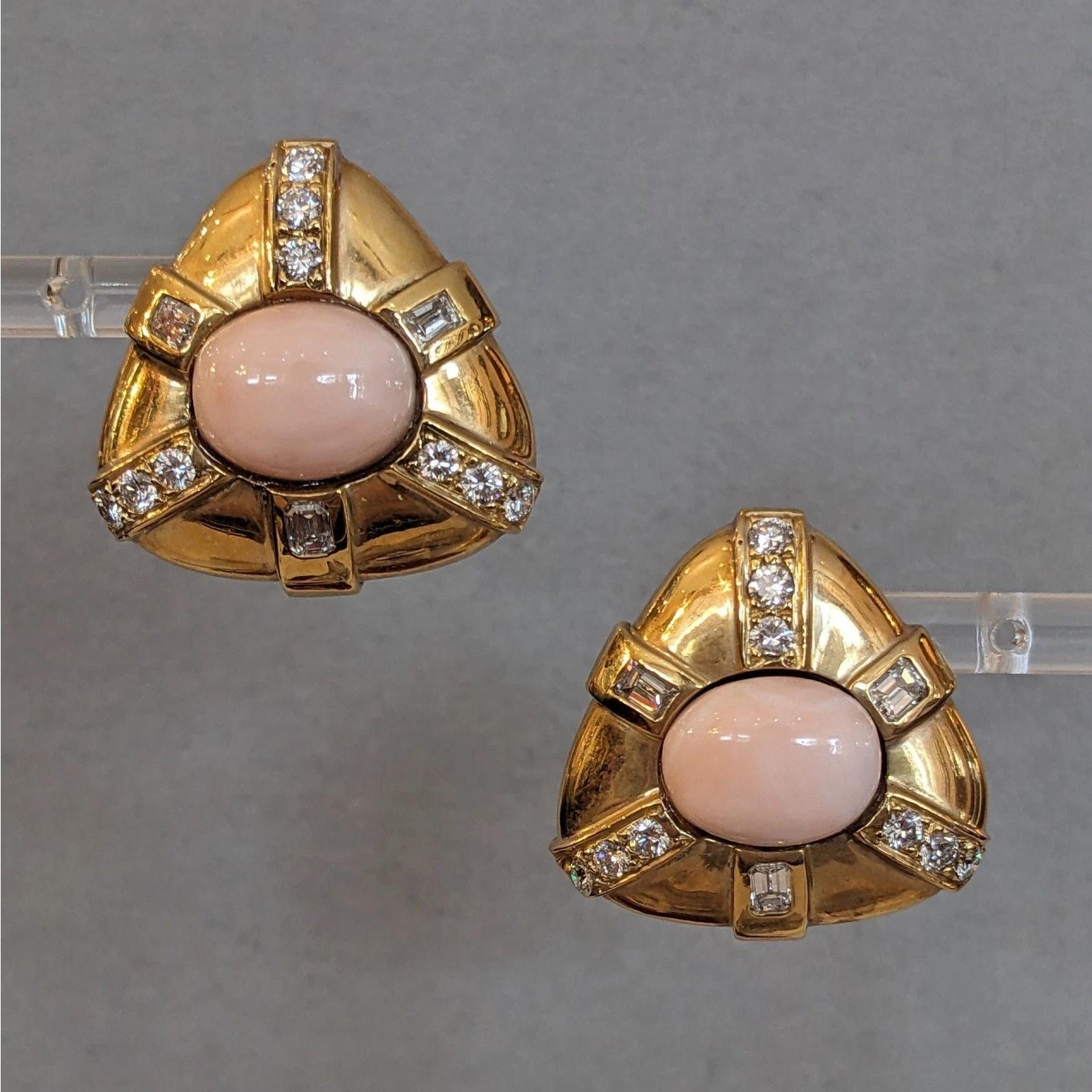 2.50 carat Diamond and Angelskin Coral Earrings in 18K Yellow Gold
