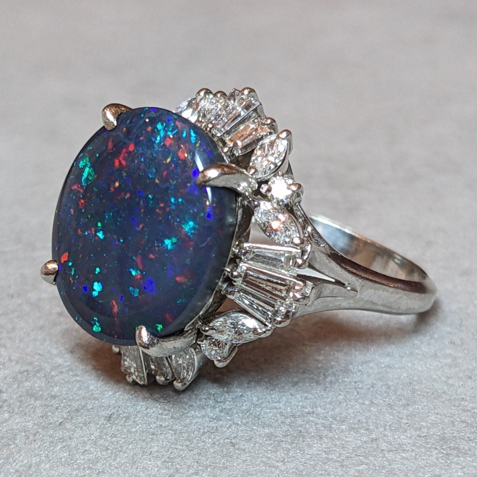 Natural 6.67 ct Black Opal & Diamond Ring in Platinum