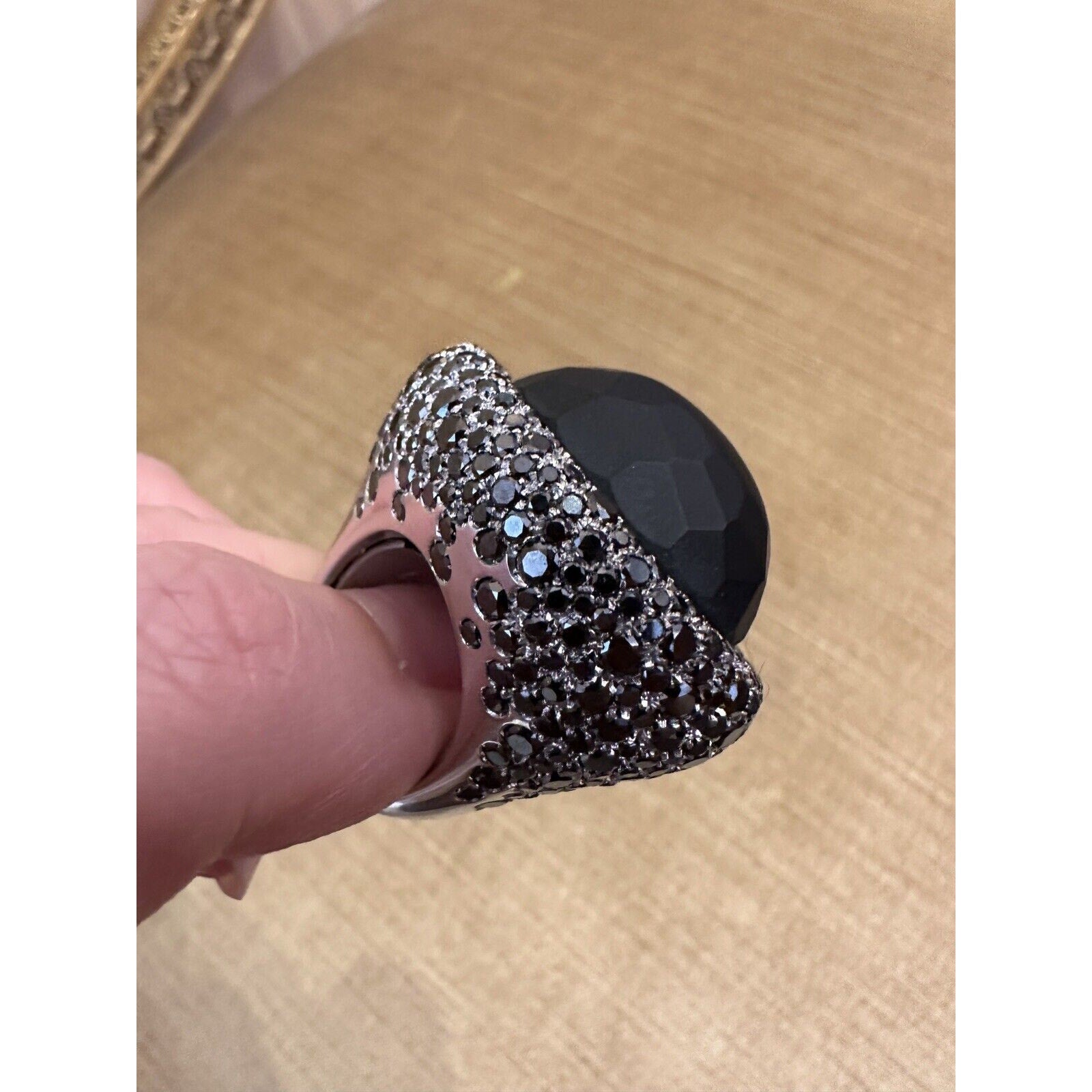 Pave Black Diamond and Obsidian Statement Ring in 18k White Gold-HM1799EE