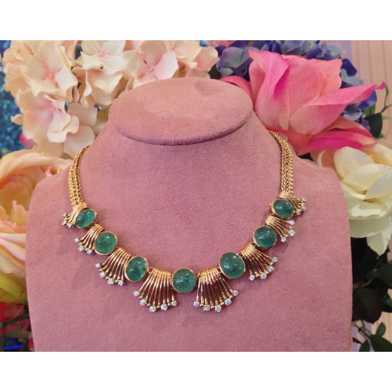 Retro Emerald Cabochon & Diamond Necklace in 18K Rose Gold