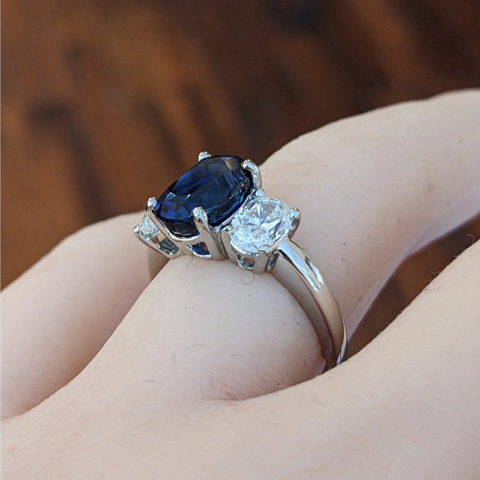 GIA Unheated Sapphire and Diamond Three Stone Ring in Platinum