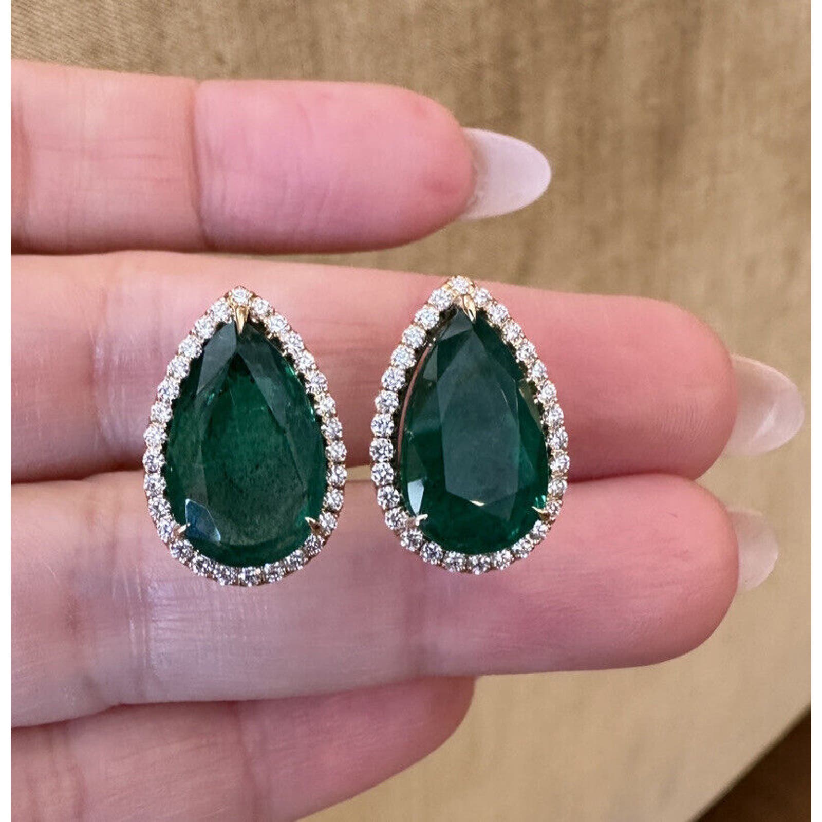 GIA Pear Emerald Halo Diamond Earrings 10.77 cttw 18k Yellow Gold -HM2495SA
