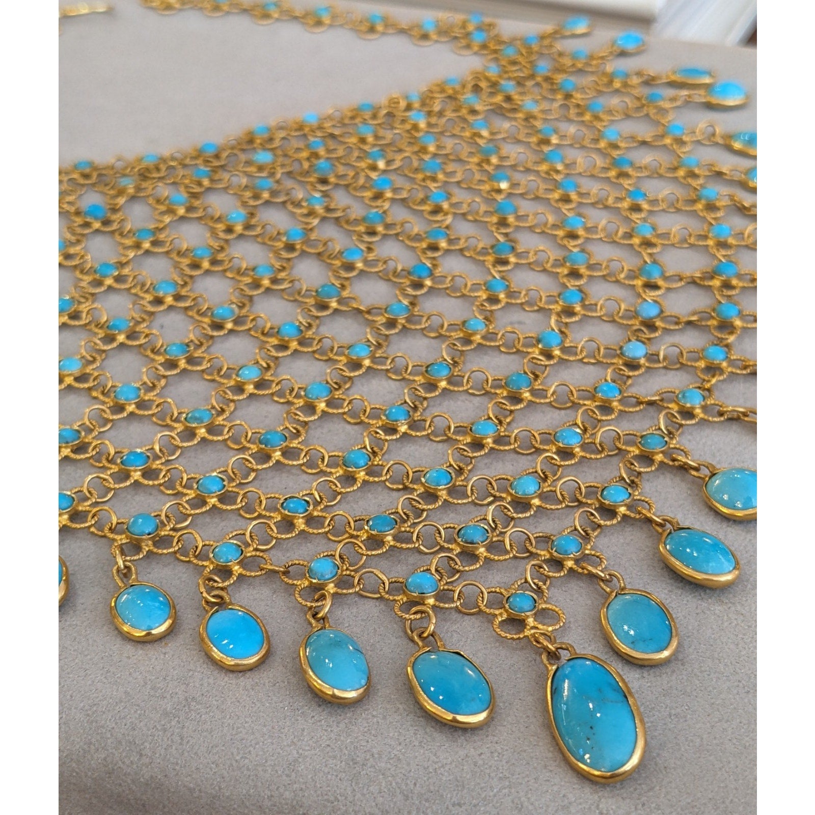 Estate Turquoise Cabochon Bib Necklace in 18k Yellow Gold