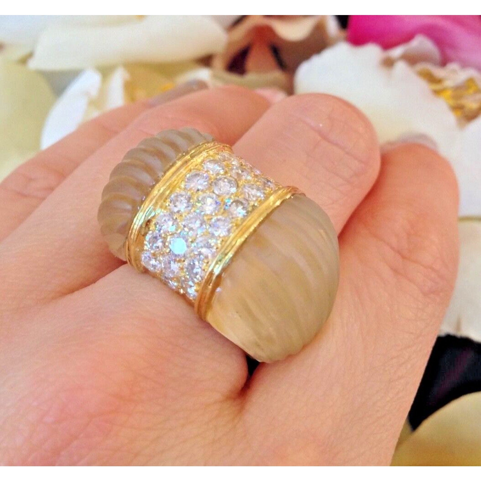 Diamond Pave Rock Quartz Dome Ring in 18k Yellow Gold