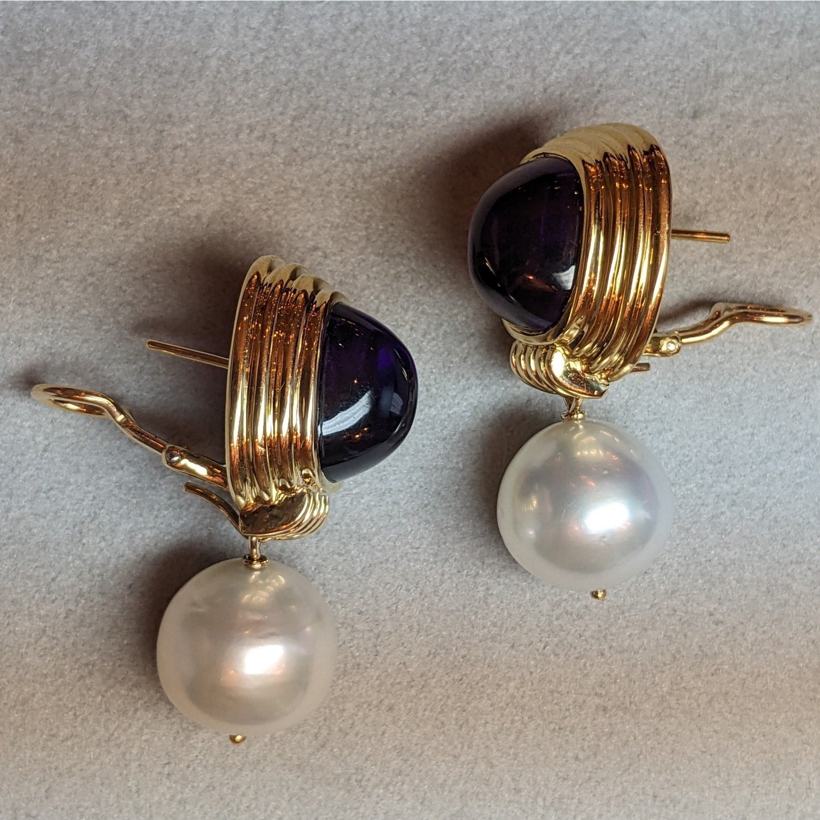 Amethyst and Pearl Dangle Drop Earrings in 18k Yellow Gold