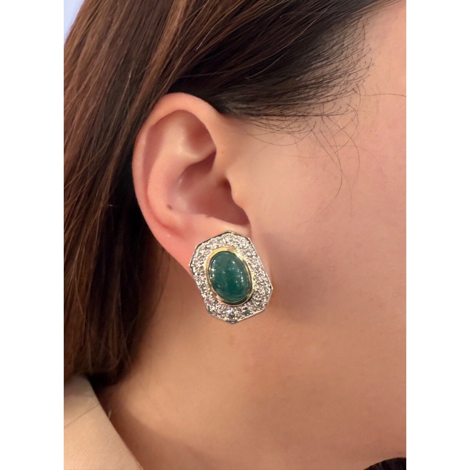 Emerald Cabochon & Diamond Statement Earrings in 18k Yellow Gold