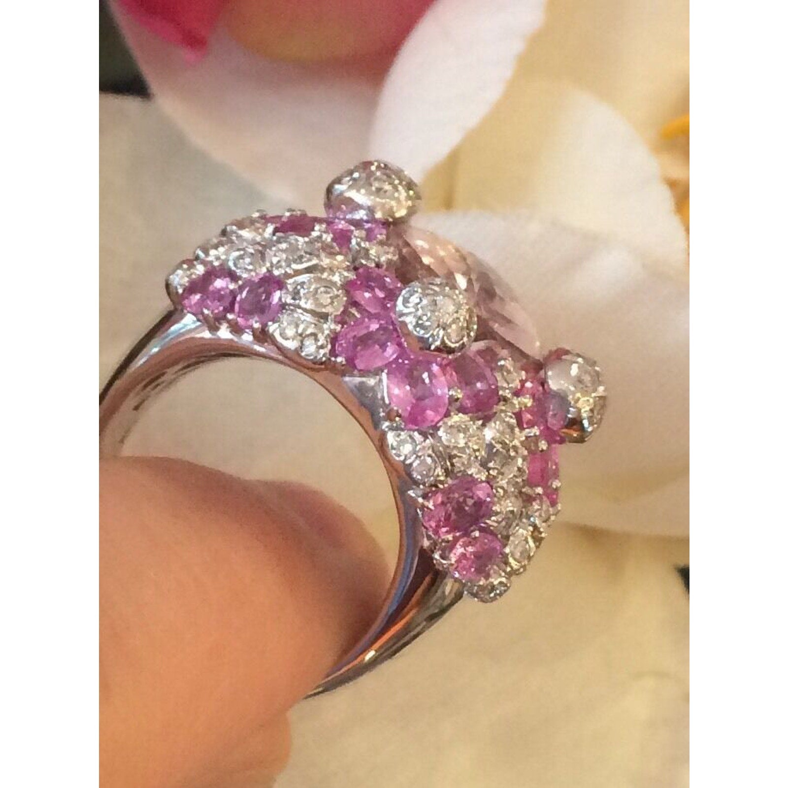 15.15 carat Kunzite, Pink Sapphire & Diamond Cocktail Ring in 18k White Gold