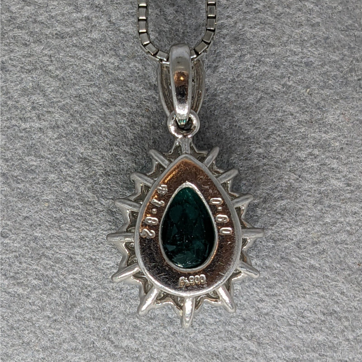 Pear Shaped Emerald and Diamond Halo Pendant Necklace in Platinum