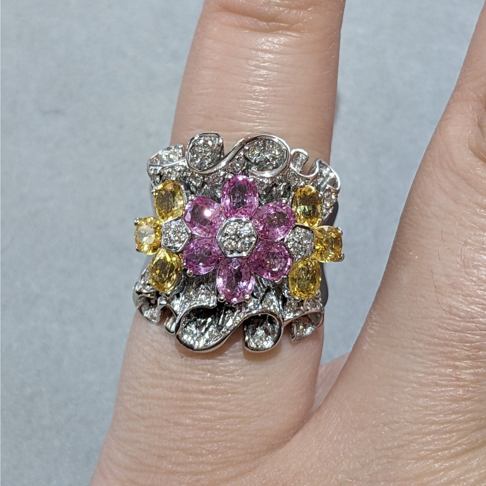 Pink and Yellow Sapphire and Diamond Floret Ring in 18k White Gold
