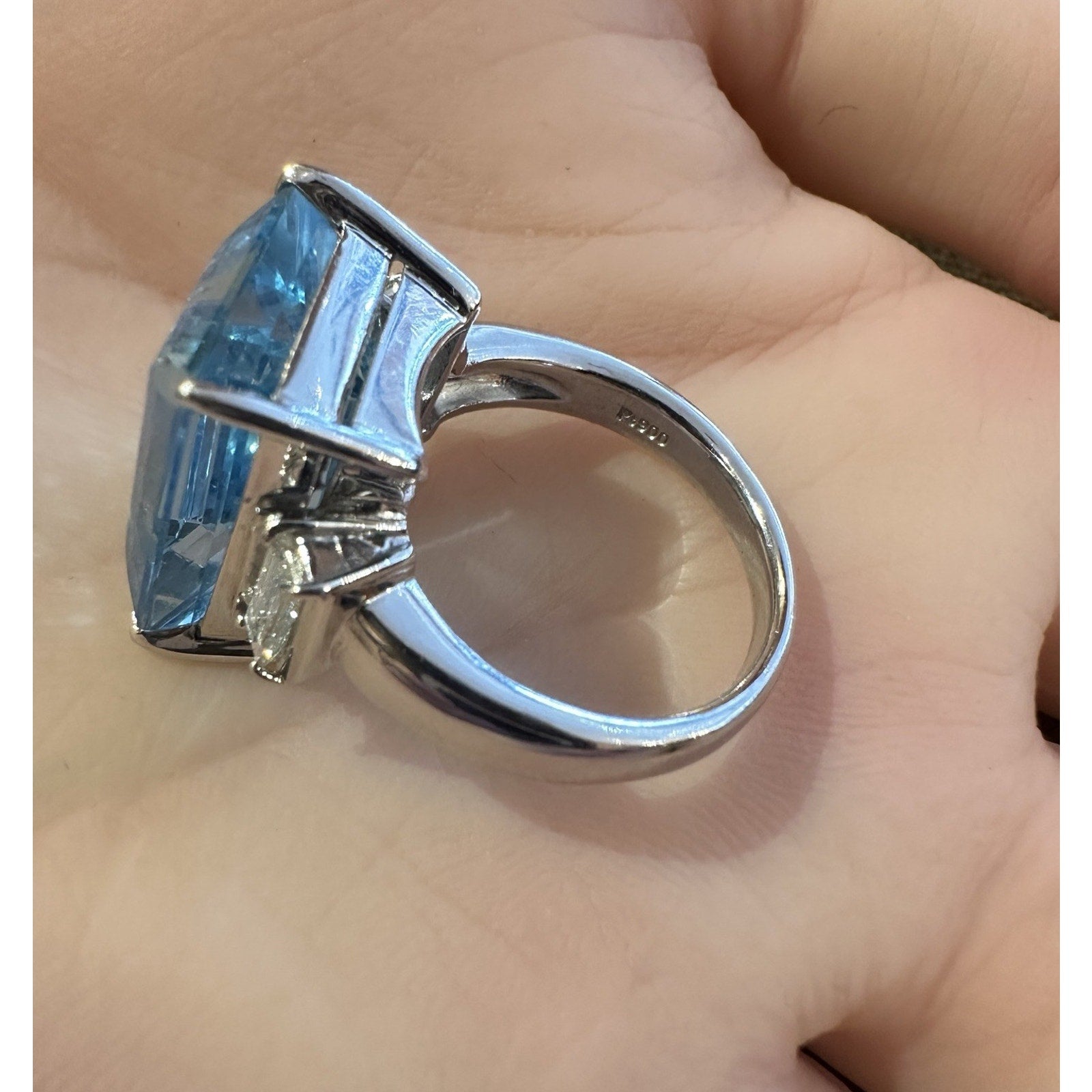 Natural 14.12 ct Aquamarine & Diamond Three Stone Ring in Platinum