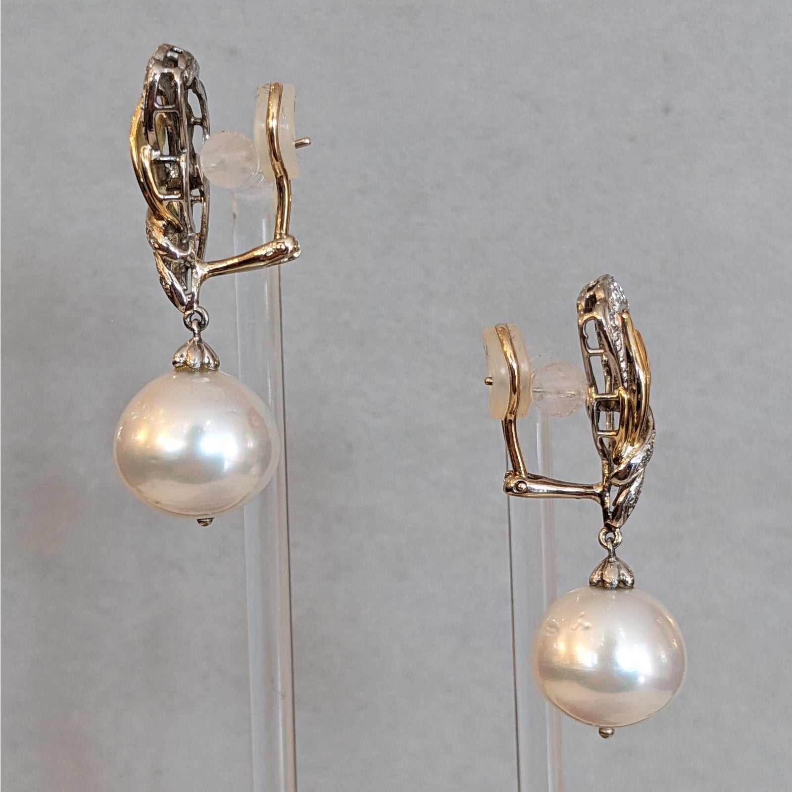 South Sea Pearl and Diamond Dangle Earrings in Gold and Platinum