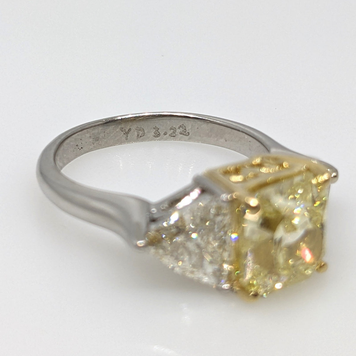 GIA Fancy Yellow Radiant 3.22ct Three-Stone Diamond Ring in Plat/18k