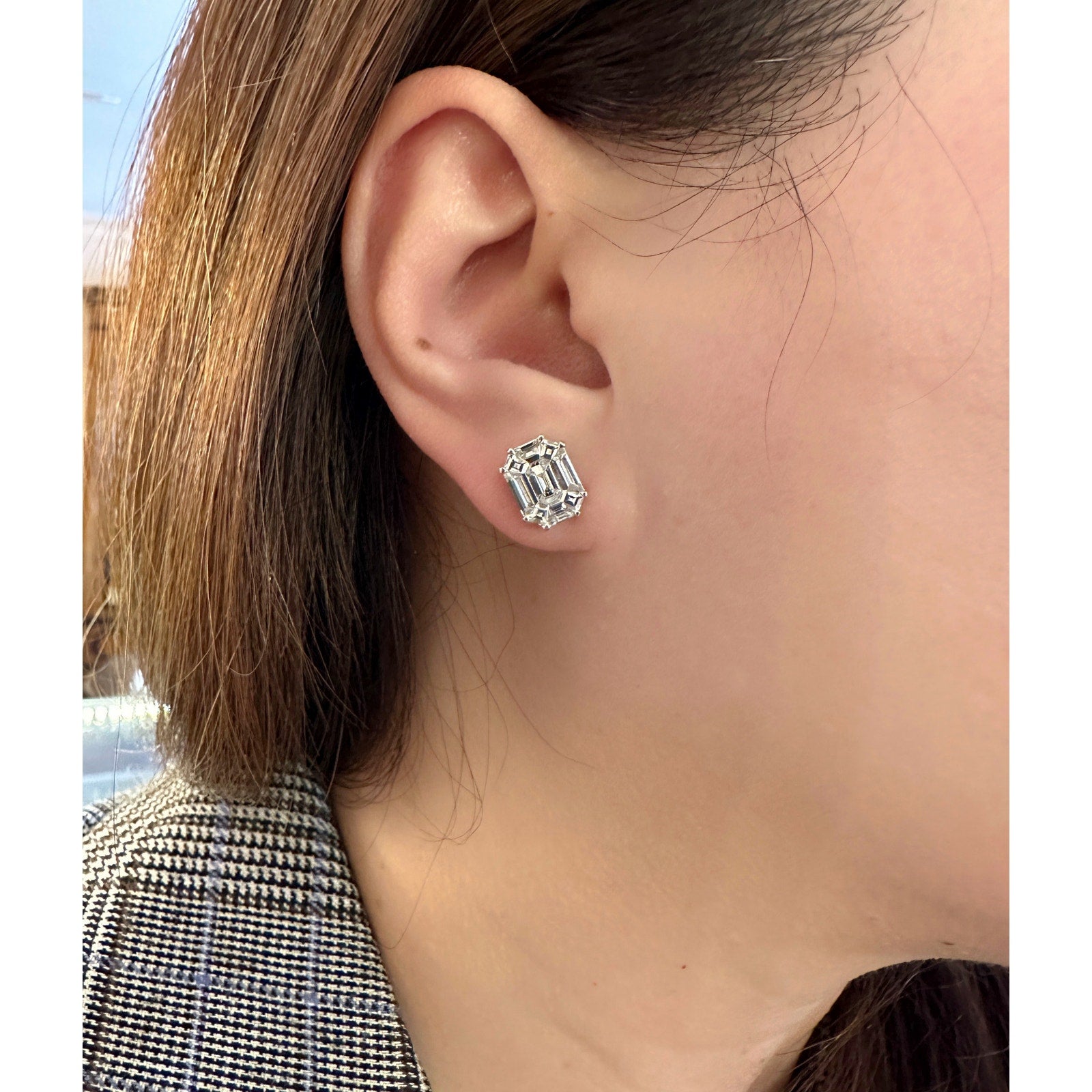 Illusion set Emerald Shape Diamond Stud Earrings in 18k White Gold - HM2624B