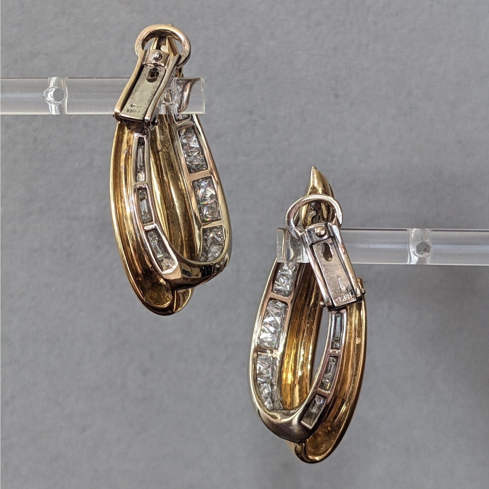 Princess and Baguette Diamond Hoop Earrings in 18k White/Yellow Gold